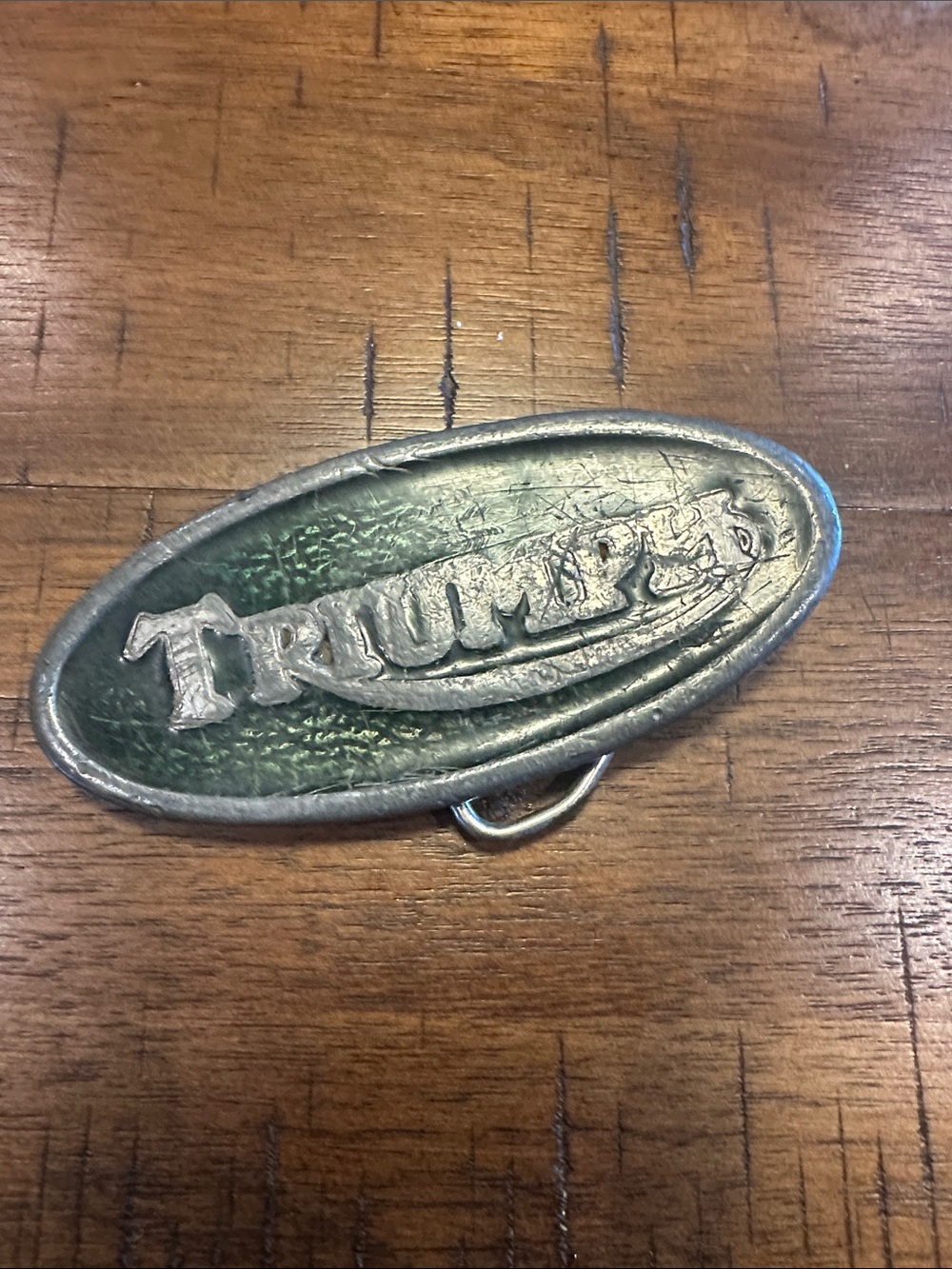 Vintage 1975 Triumph Motorcycles Green and Silver Oval Metal Accent Belt Buckle